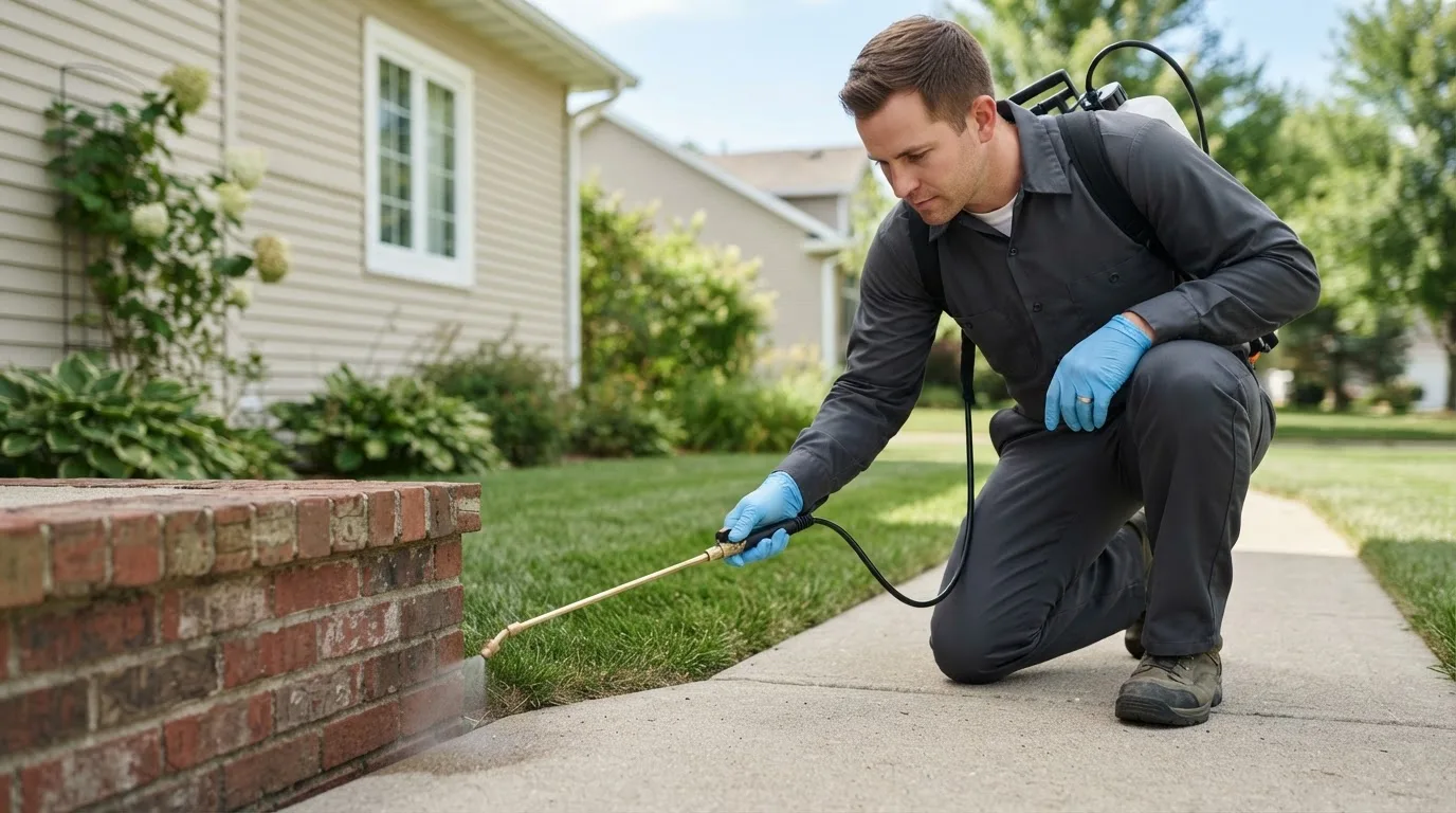 Pest control technician treating a home near Brinktown, MO