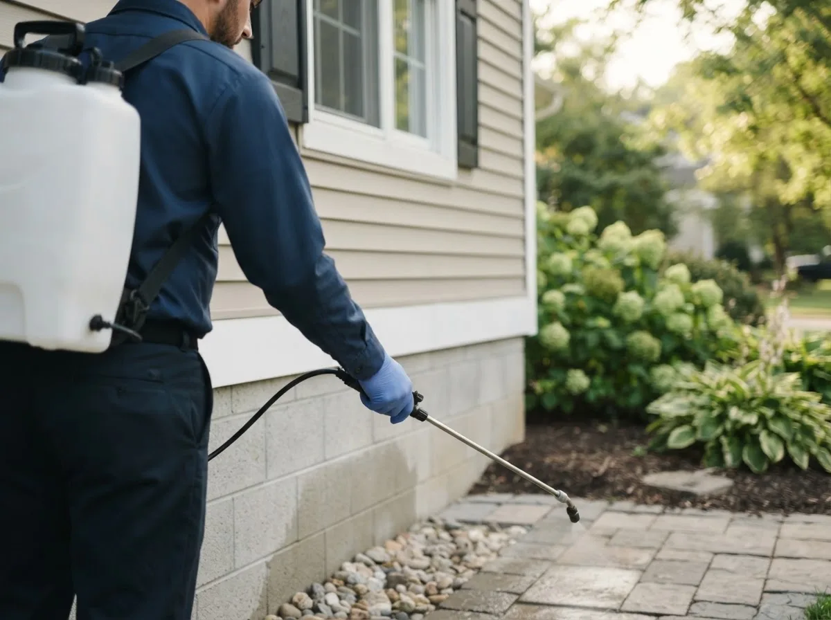Pest control technician inspecting a home in Brinktown, MO